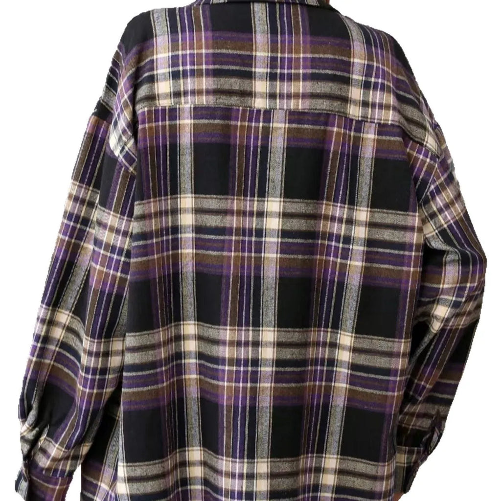Women's loose-fit long sleeve plaid shirt in cotton, shown in black, green, or purple colour options.