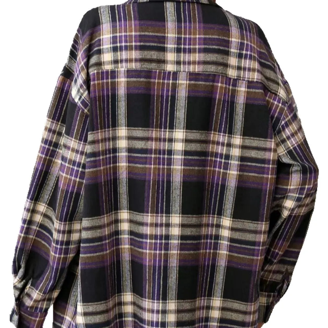 Women's loose-fit long sleeve plaid shirt in cotton, shown in black, green, or purple colour options.
