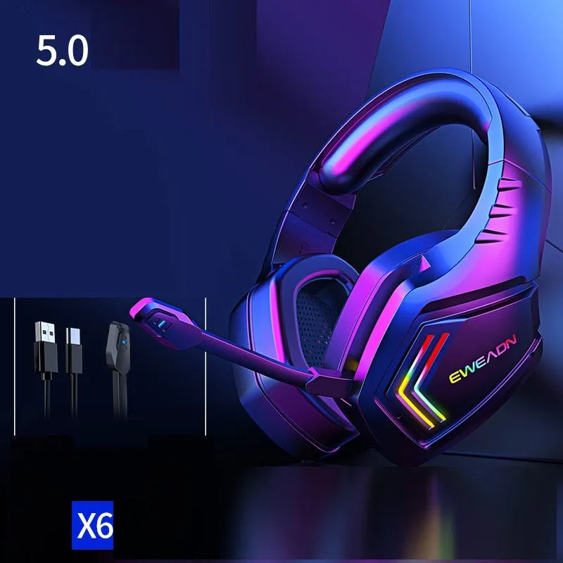 Black wireless Bluetooth headset with RGB lighting and over-ear design for noise reduction