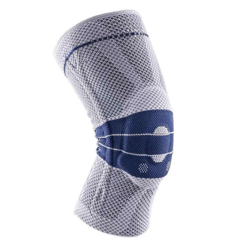 Adult sports kneecap or knee pad in black and blue colour, made from nylon spandex, shown on a knee.