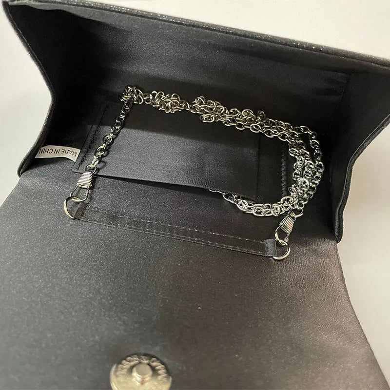 Shining 3A full diamond envelope handbag for women, black, showing chain and lock buckle