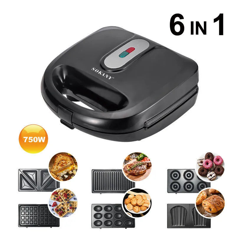 Black electric sandwich maker with double-sided heating, brushed stainless steel lid, and non-stick plates.