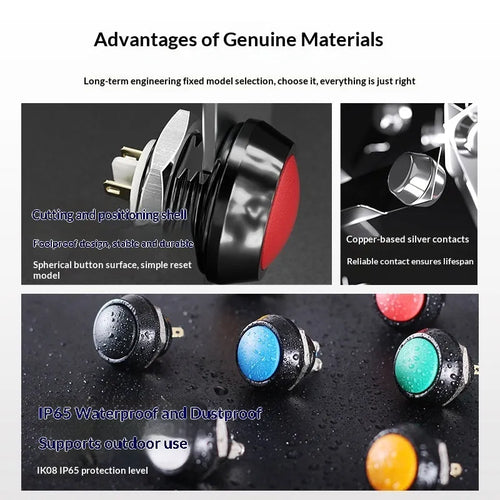 12mm red wave spherical handle self-resetting button with silver-plated contacts, waterproof, for electronic remote control