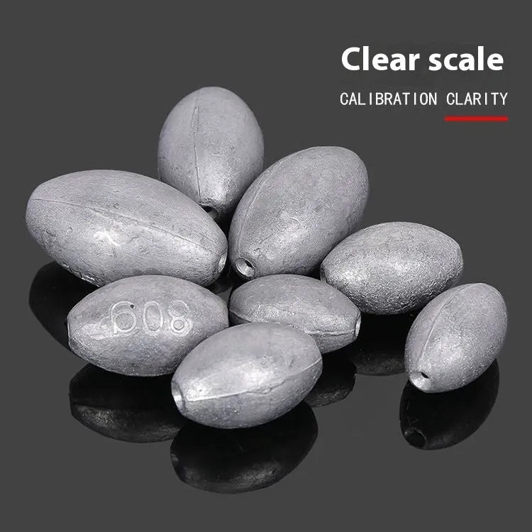 Tongxin scale pattern olive lead fishing sinker with plastic core, showing rugby shape and weight options.