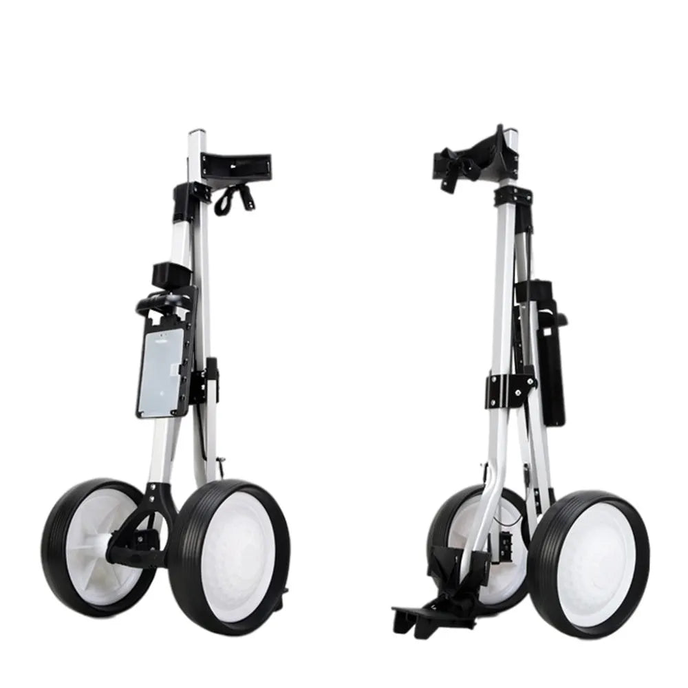 Foldable aluminium alloy golf cart with two wheels, shown with black and white wheels and a push-pull trolley frame.