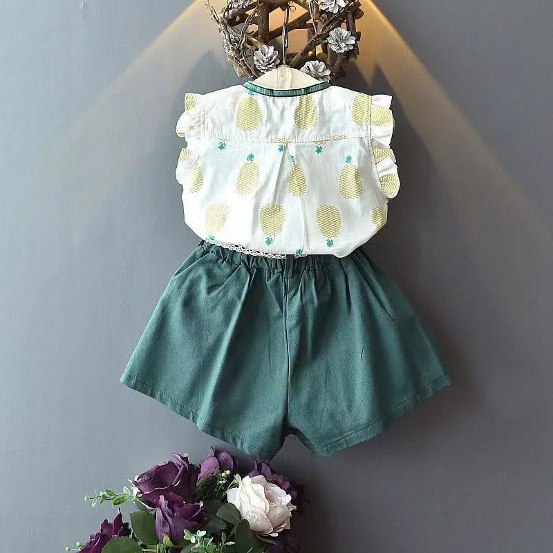 Girls' cotton sleeveless blouse and shorts two-piece set with dot print and bow, green and pink options for 100-140cm height