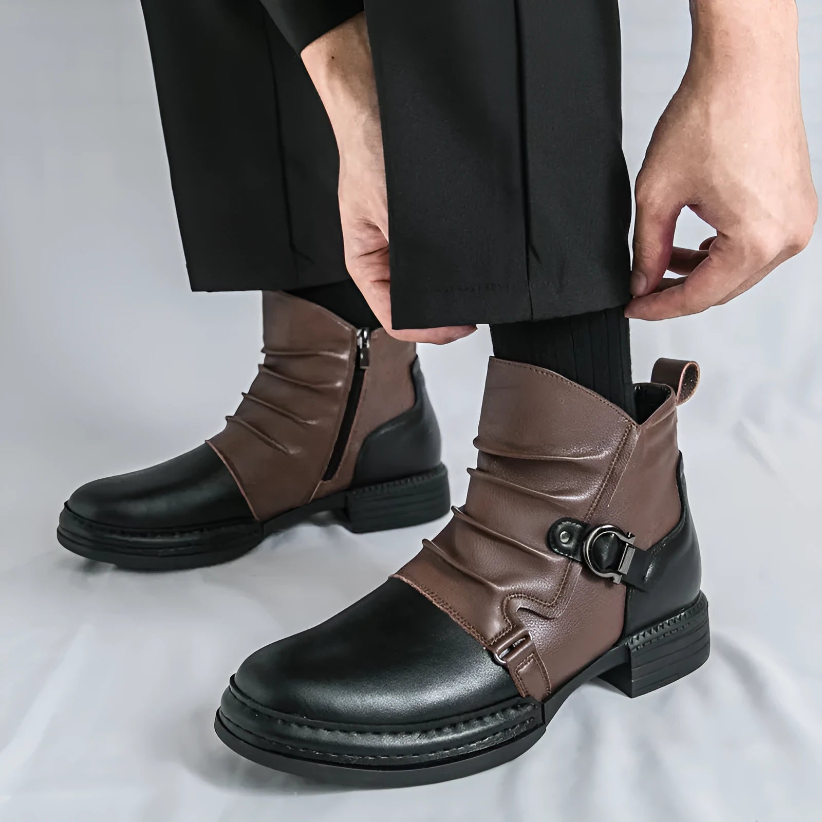 Men's brown Martin booties with side zipper and rubber sole on white background
