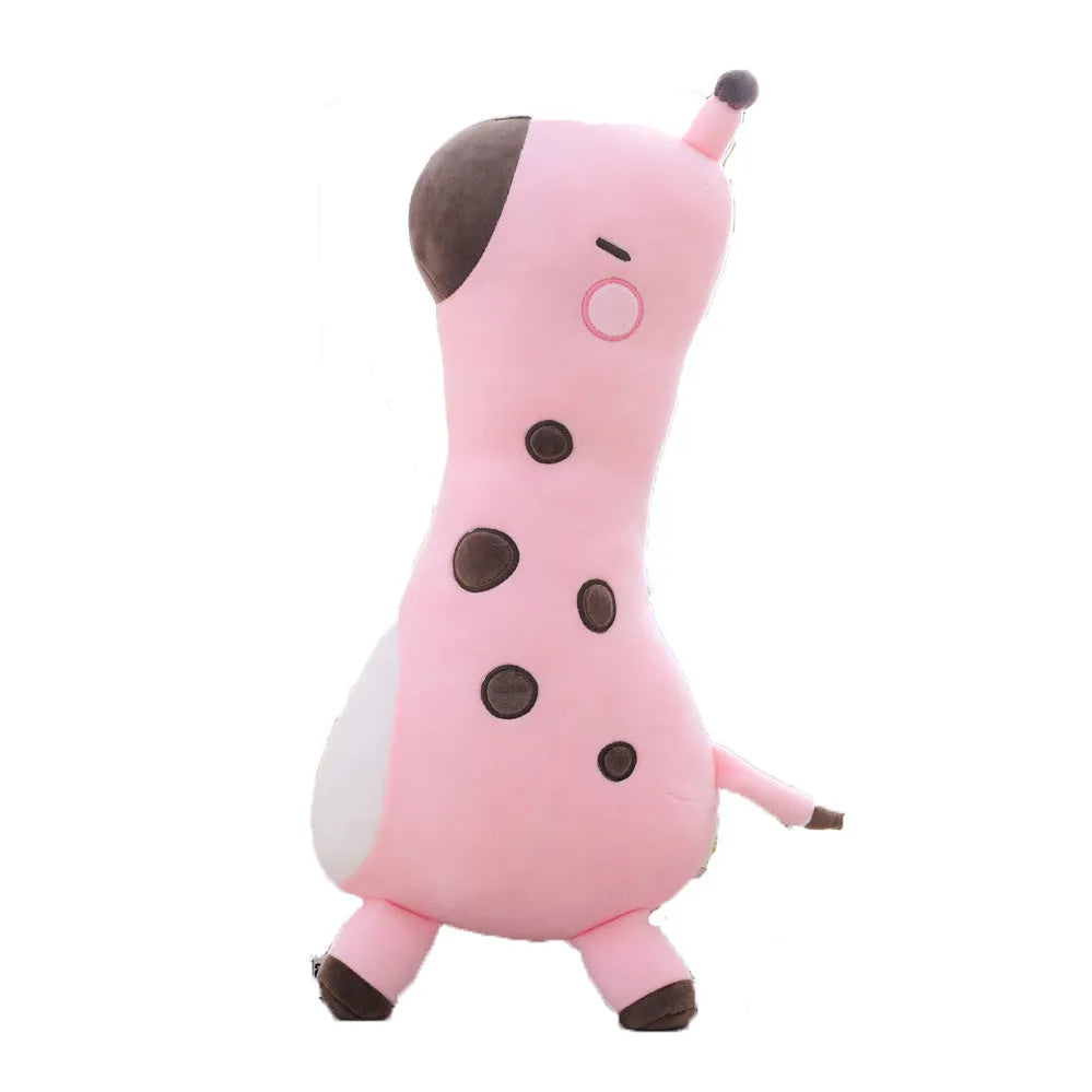 Pink Sika Deer plush doll with short plush fabric, 30cm tall, on a bed