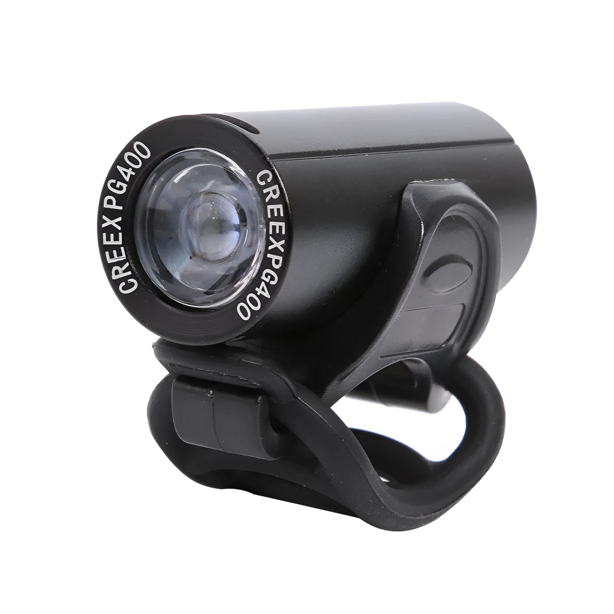 Black USB rechargeable bicycle front light with 350 lumen output mounted on handlebars.