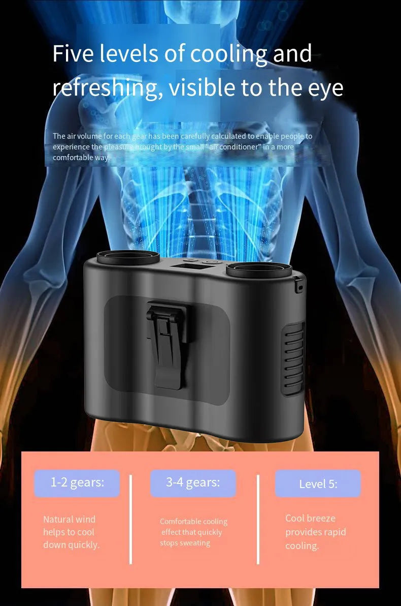 Black waist-hung personal fan with neck lanyard and waist buckle, showing turbine blades and top control button.