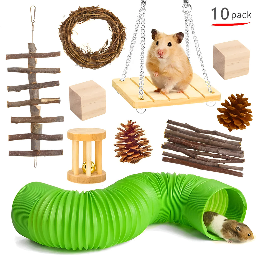 Assortment of wooden chew toys and natural fibre balls and mats for small pets like rabbits and parrots