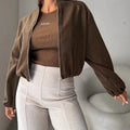 Women's brown lantern sleeve short coat with off-shoulder round neck and loose fit