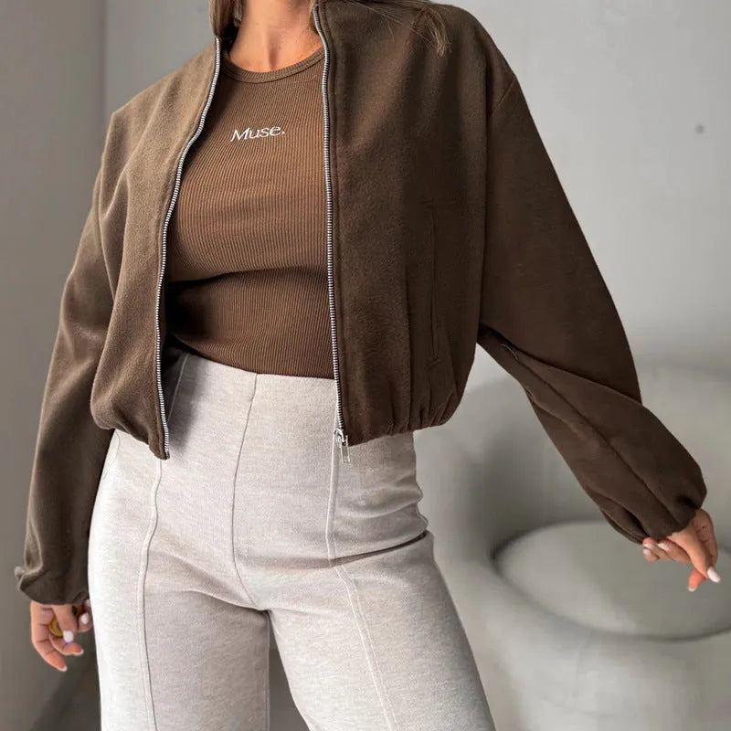 Women's brown lantern sleeve short coat with off-shoulder round neck and loose fit