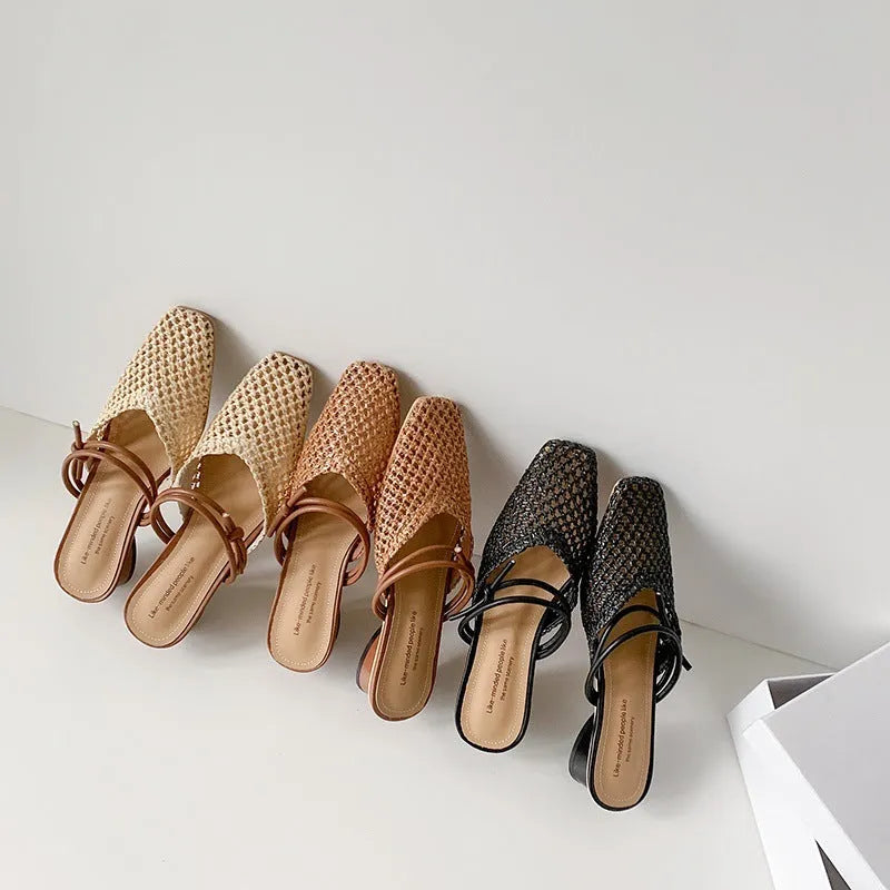 Women's French style square toe half slippers with hollow-out design and chunky heel