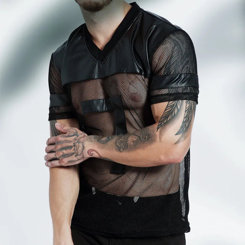 Black men's breathable mesh sports T-shirt with V-neck design and stitching detail