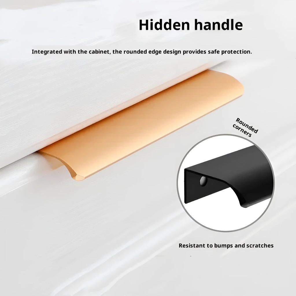 Aluminium alloy no-drill hidden cabinet handle in black finish, 200mm length, flush fit on a cabinet door