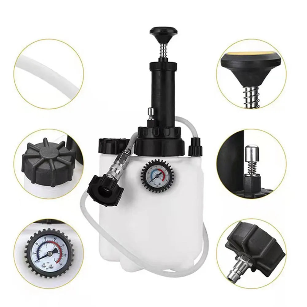White 3-litre plastic brake fluid tank with copper and iron pump fittings for automotive service.