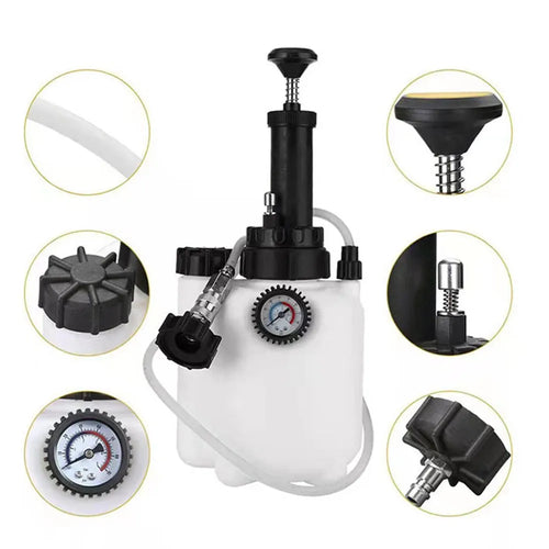 White 3-litre plastic brake fluid tank with copper and iron pump fittings for automotive service.