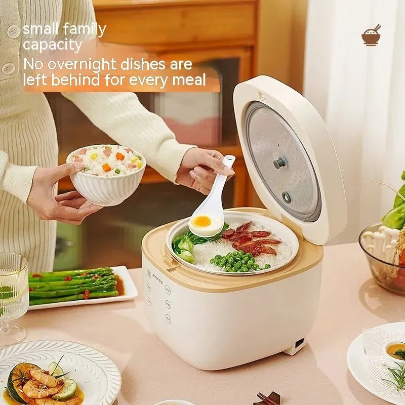 White or beige intelligent rice cooker with 3L capacity and digital control panel