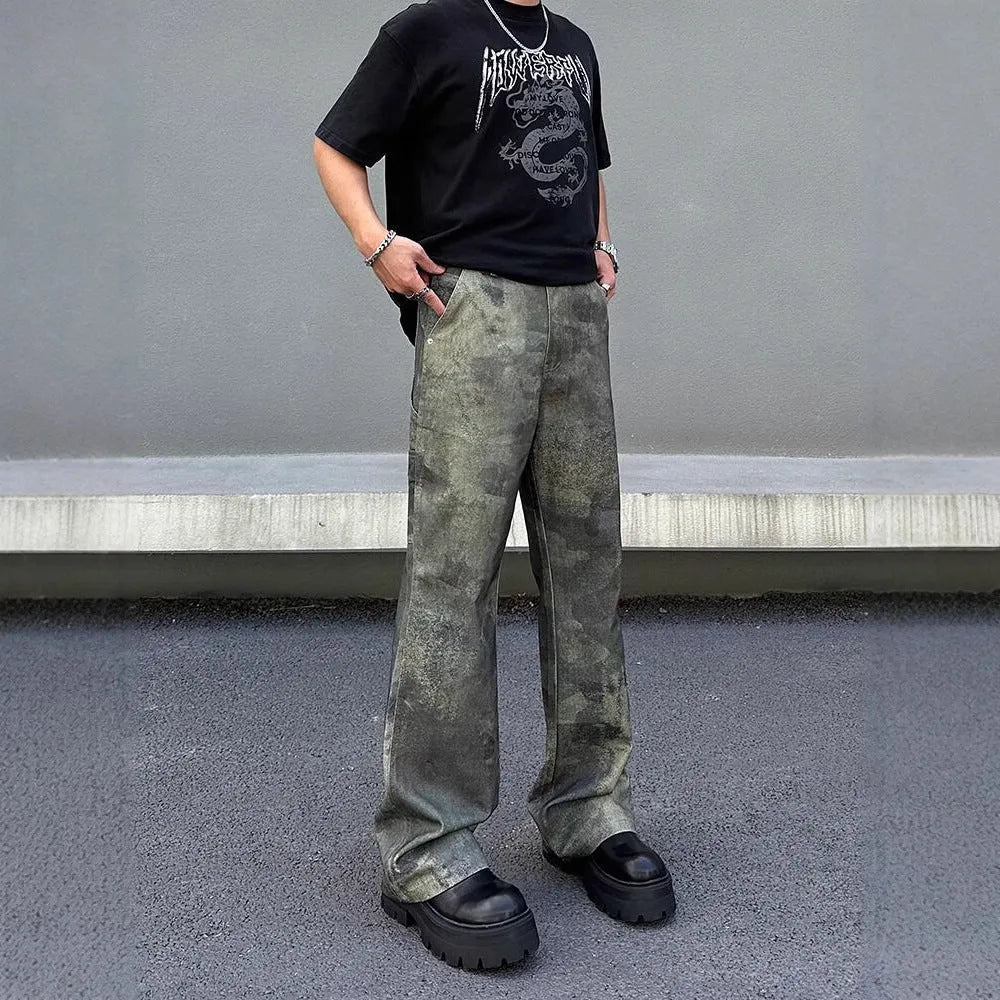 Men's straight cut camouflage jeans in cotton denim fabric showing digital pattern detailing