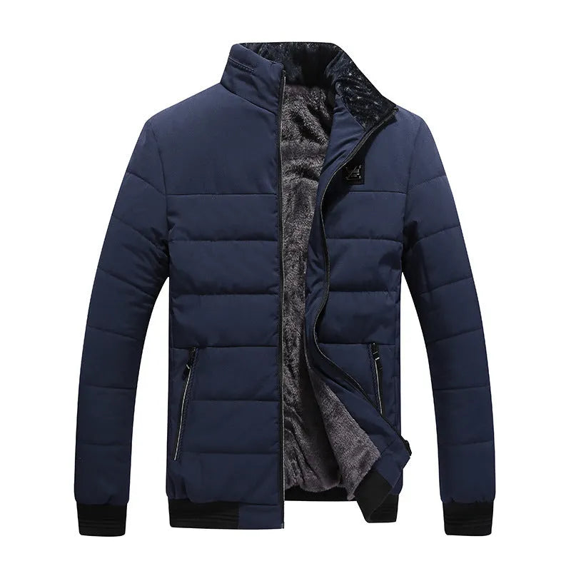 Men's winter coat Korean style fleece-lined cotton-padded jacket with zipper pockets in black, dark blue, and purplish red