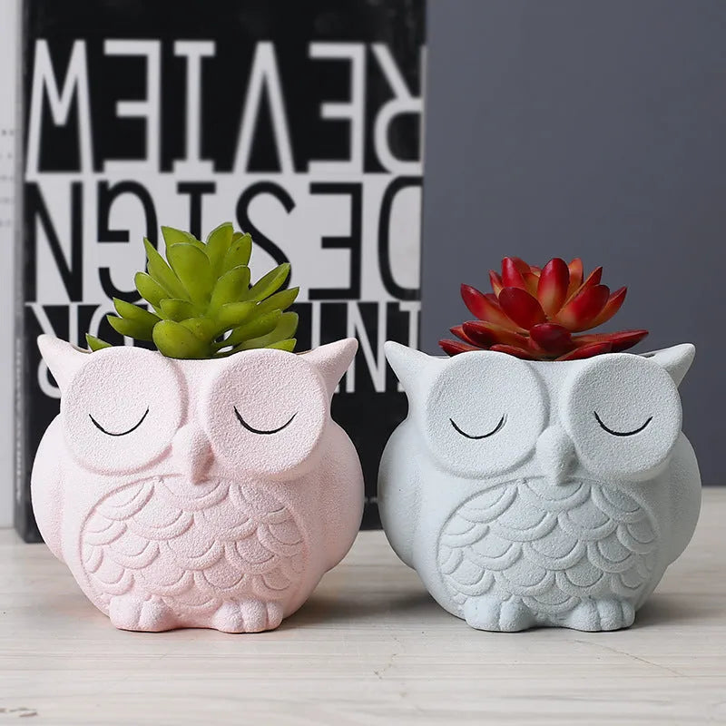 Handmade ceramic succulent pot with cartoon owl design in frosted pastel colour