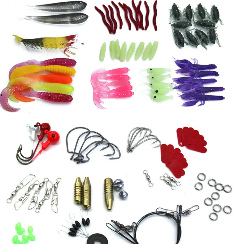 132-piece fishing lure set with rose red soft plastic baits and high-carbon steel hooks in storage case