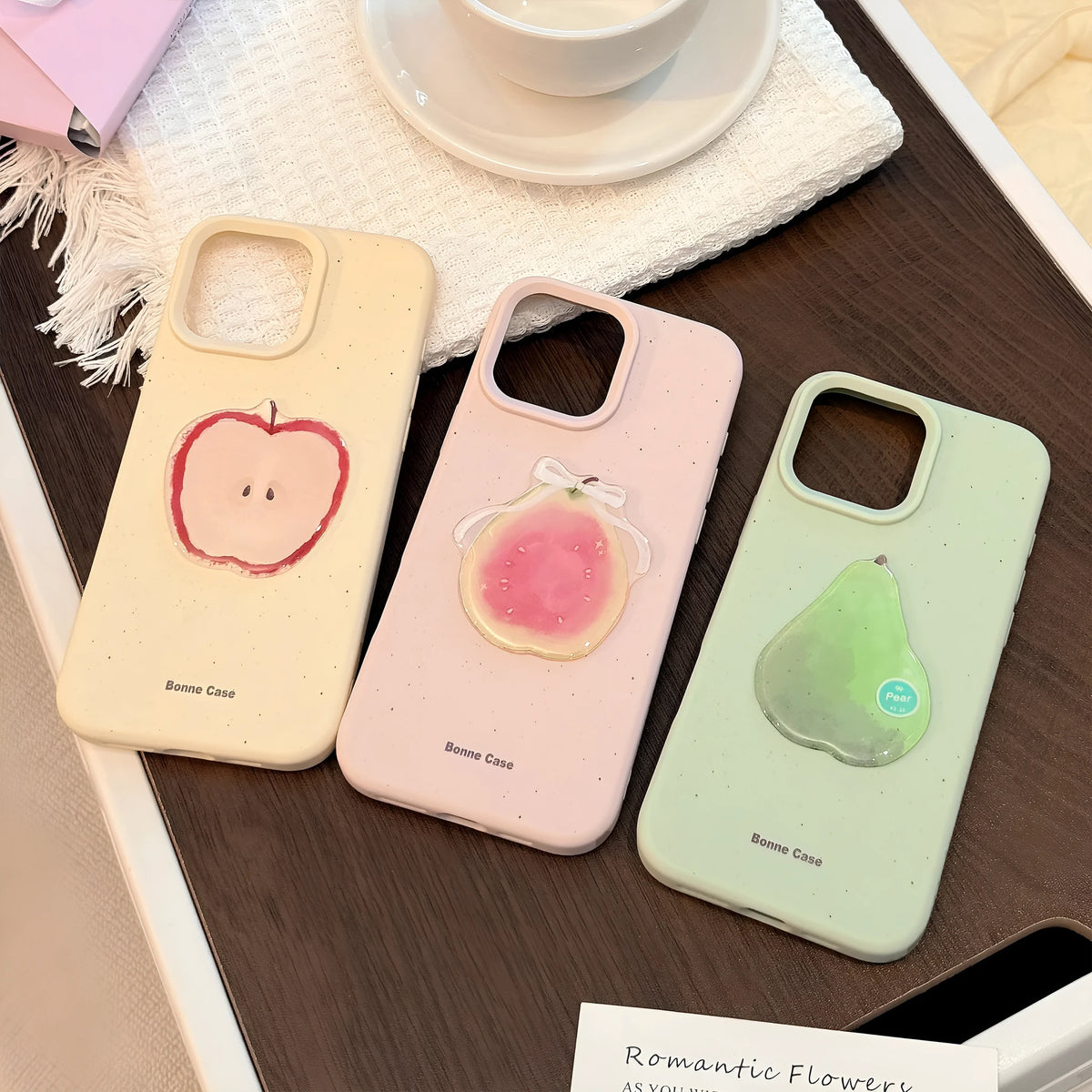 Three-dimensional fruit TPU phone case with oil-painting finish for Apple iPhone, available in pink, yellow, green colours