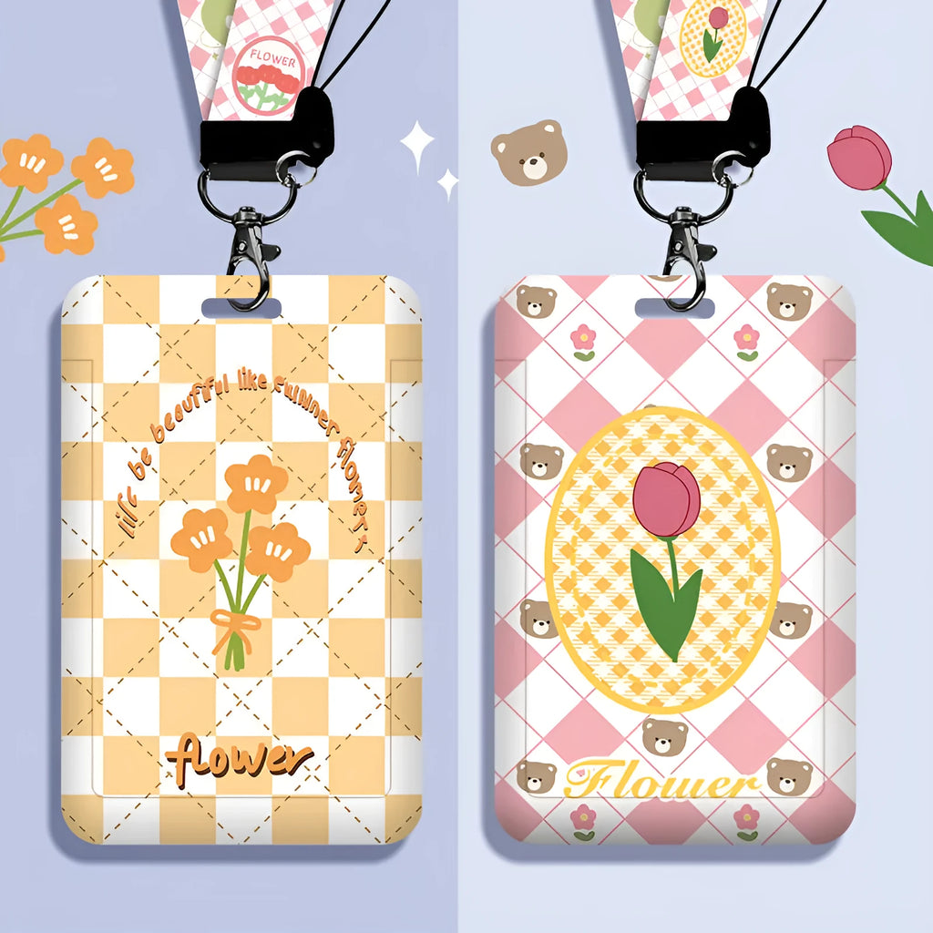 Student ID card holder set with plastic sleeve on a cartoon bear rose keychain lanyard