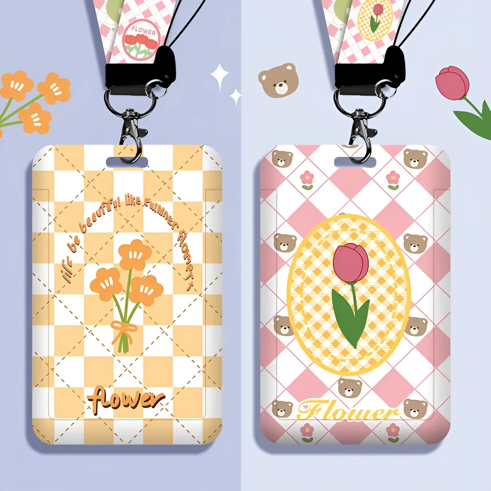 Student ID card holder set with plastic sleeve on a cartoon bear rose keychain lanyard