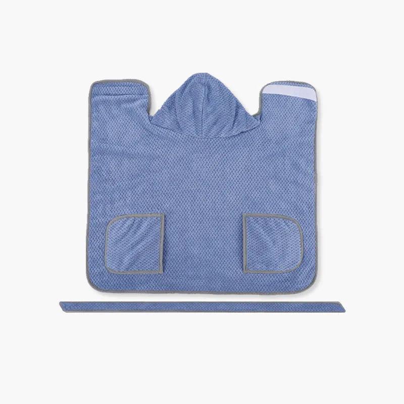 Blue dog bath robe towel with adjustable waistband on a medium-sized dog after a bath