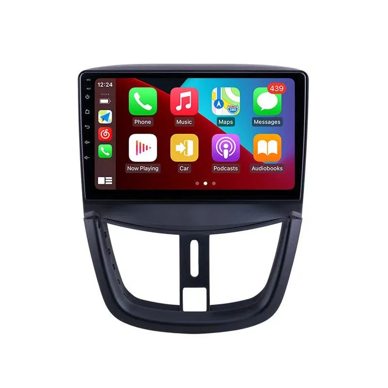 Black 9 inch Android car stereo with touchscreen display for Peugeot 207 featuring six configuration options