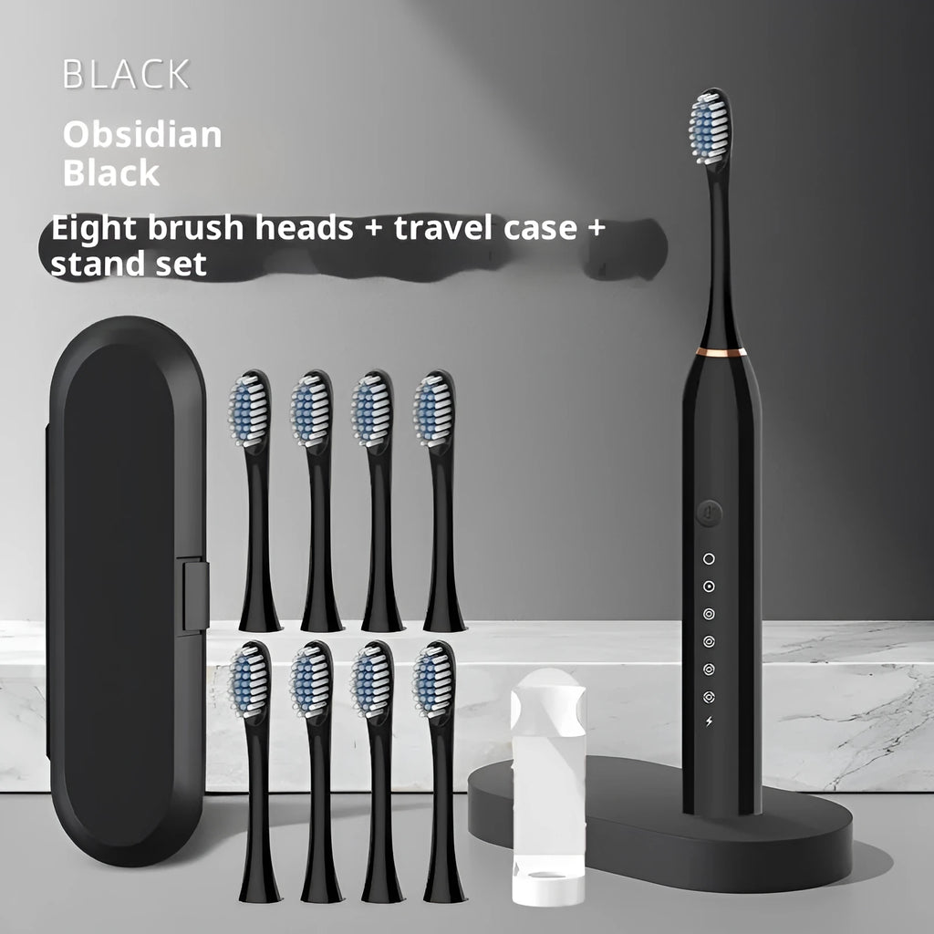 Rechargeable electric toothbrush with soft bristles, USB power, 8 brush heads and travel box in X3 Black, Pink or White