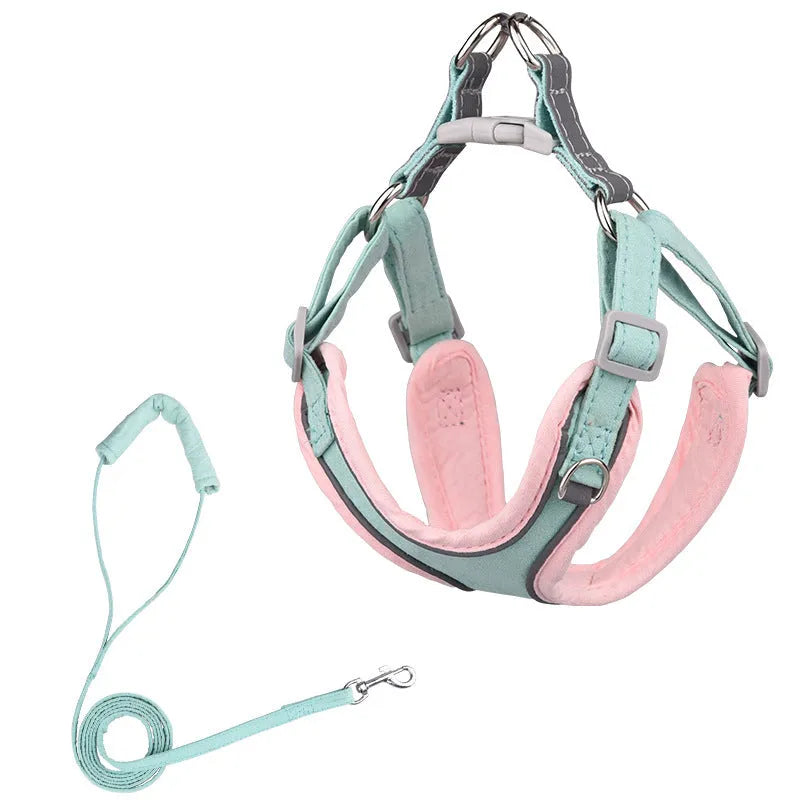 Multiple sizes of suede cloth dog chest harness in red, yellow, green, and blue with matching lead ropes