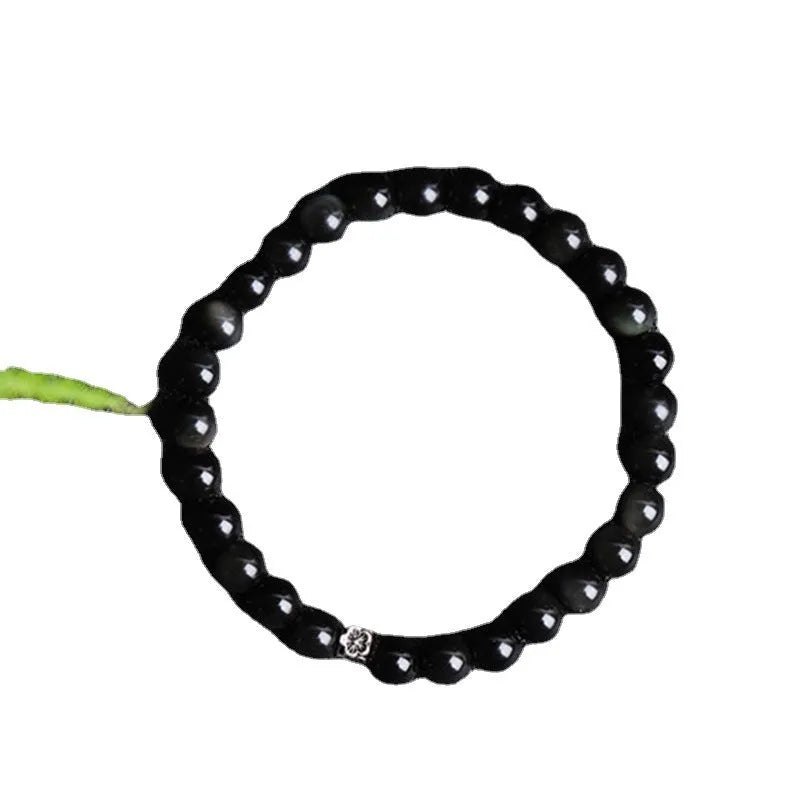 Natural obsidian bracelet with S925 silver flower accessories and dragon phoenix decorations, 6mm beads