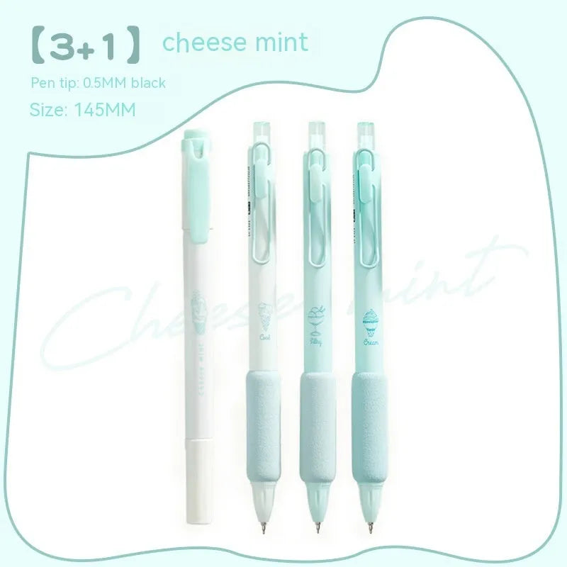 Four double-headed fluorescent pens with 0.5mm tips in cheese mint and sea salt ice cup colours.