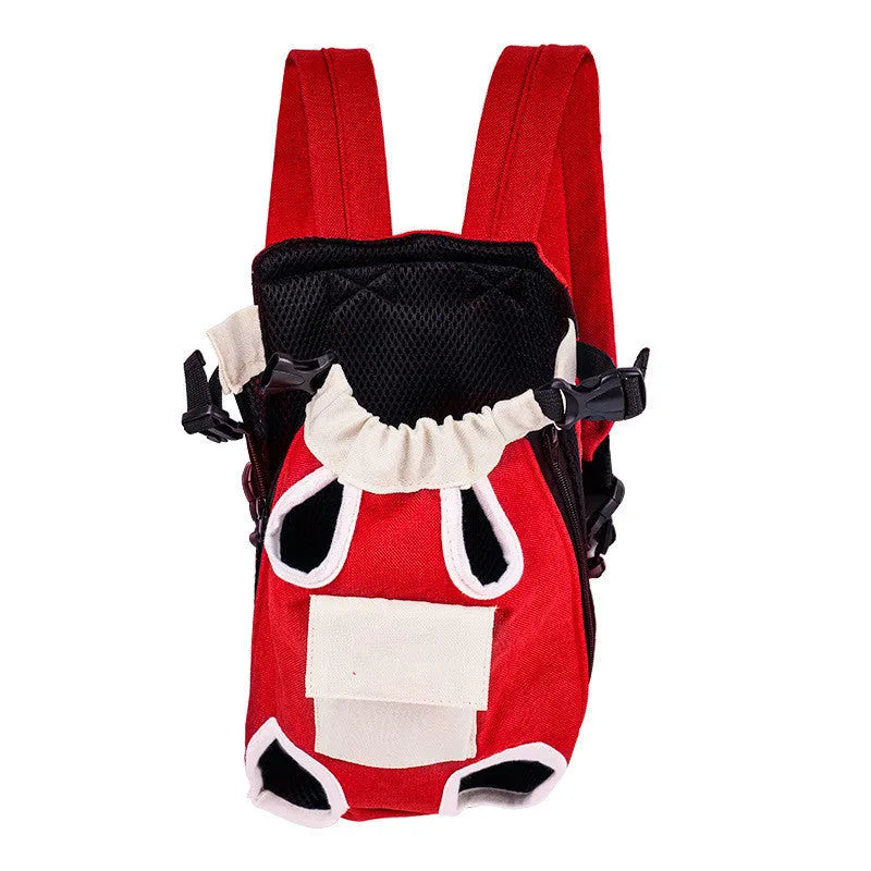 Canvas dog outing shoulder portable pet backpack in red and white, side view, size L
