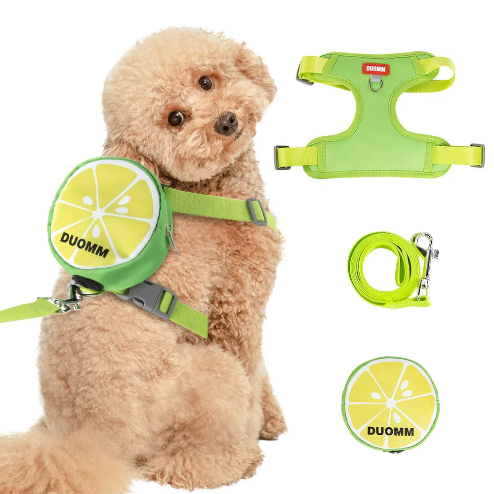 Pet backpack chest strap set with fruit design and anti-slip traction rope for dogs and cats