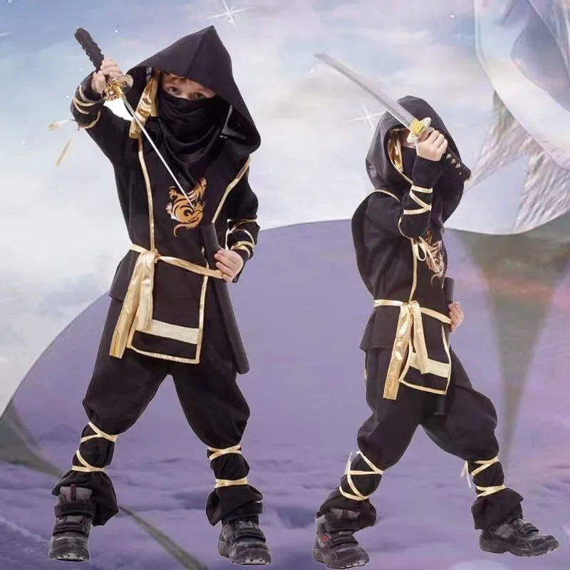 Children's Halloween cosplay costume set in black and gold with mask, armour, and accessories