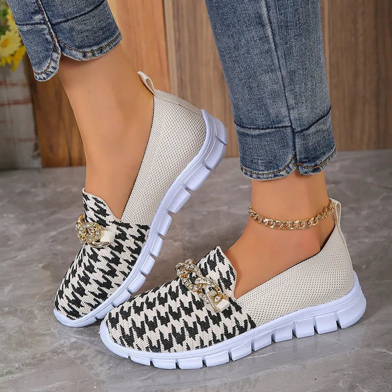 Casual houndstooth print chain mesh shoes for women, low heel, round toe, rubber sole
