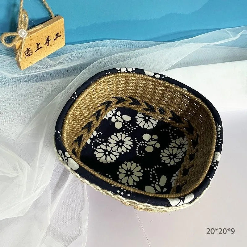 Blue square hand-woven twine storage basket for coffee table desktop small items