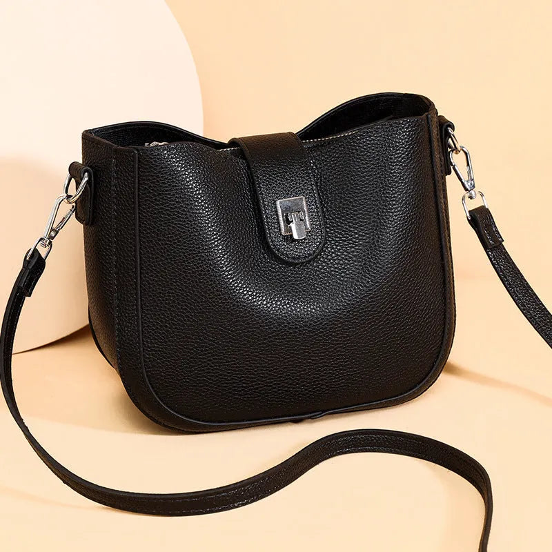 Fashionable leather commuter underarm bag for women, soft black shoulder bag 23x19x11cm