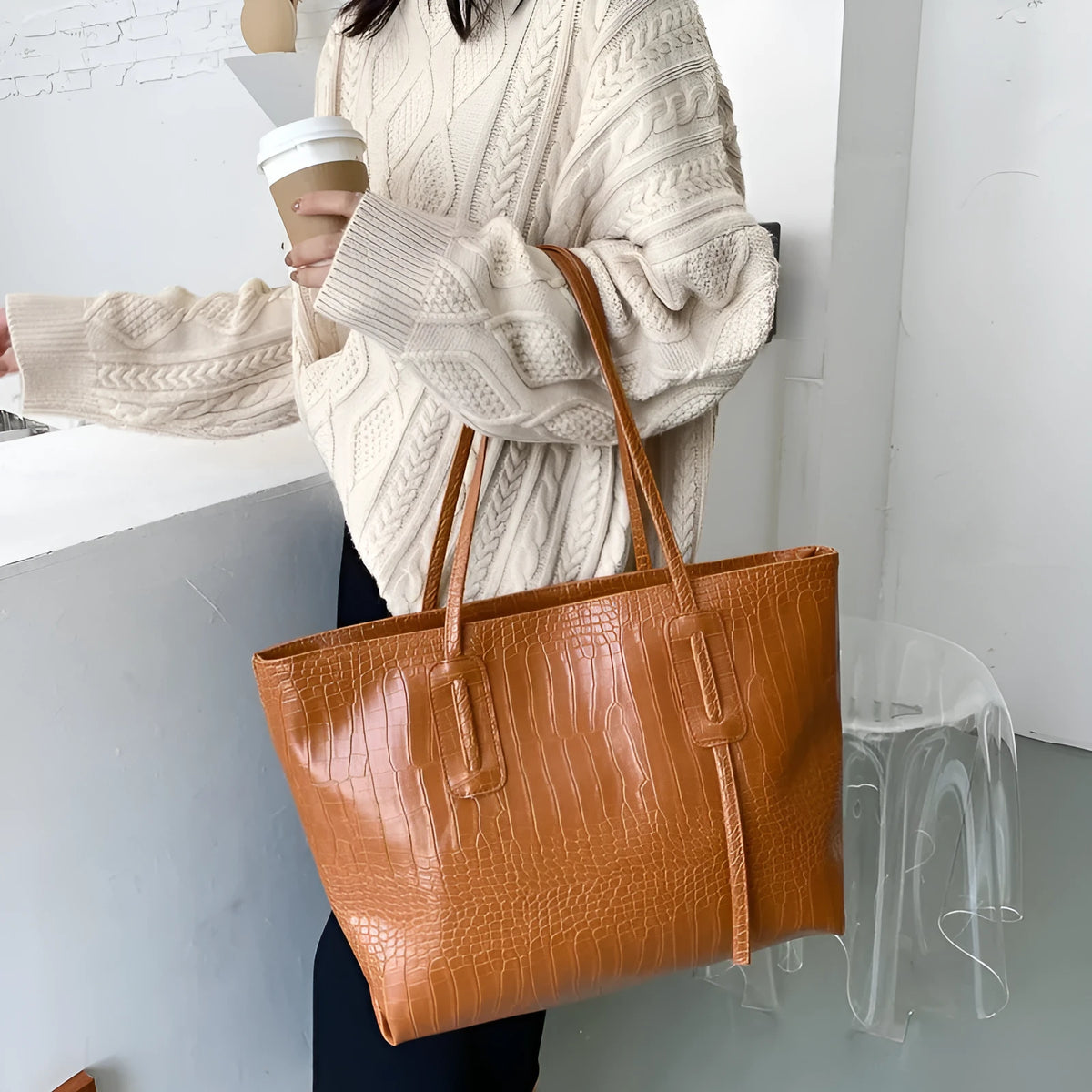 Horizontal square PU shoulder bag with stitching, double straps, burgundy colour