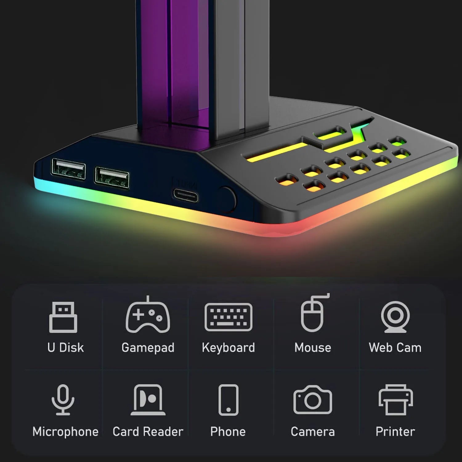 RGB headphone stand with glowing LEDs, dual USB ports, and a headset displayed on it.