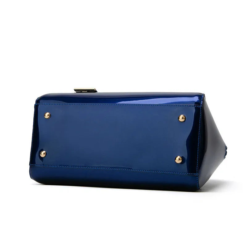 Patent leather shiny one-shoulder diagonal crossbody bag blue medium square vertical section with lock closure