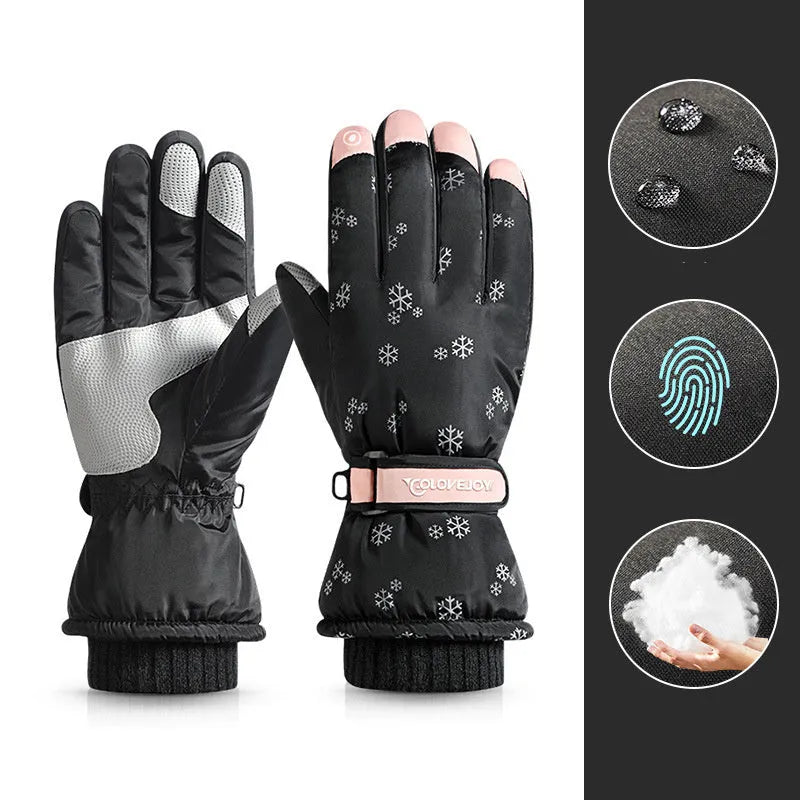Snowflake cartoon print winter gloves with touchscreen fingertips in purple and grey colour options