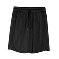 Men's black quick-dry mesh sports shorts with elastic waistband, laid flat.