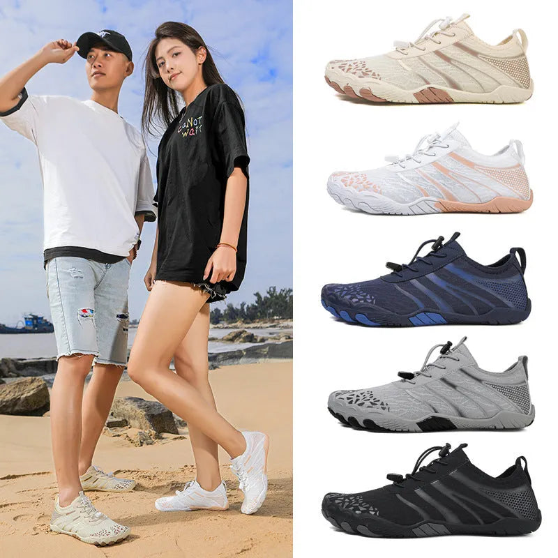 A pair of casual Lycra stretch fabric beach running shoes for upstream sports, shown in one of five available colours.