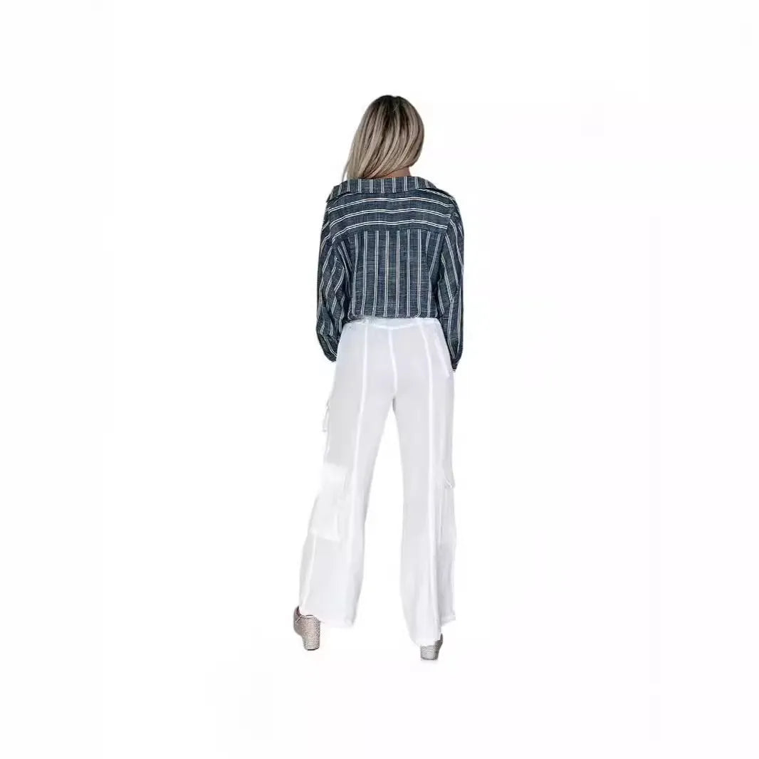 Striped long sleeve waist-tied loose top in navy blue, pullover style with buttons