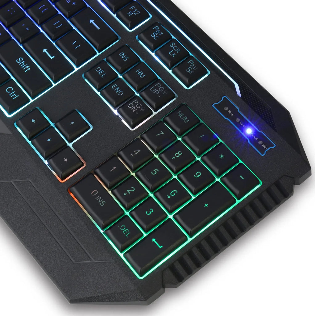 Backlit keyboard and mouse set with rainbow lighting, gold-plated USB cable, black and white colour options